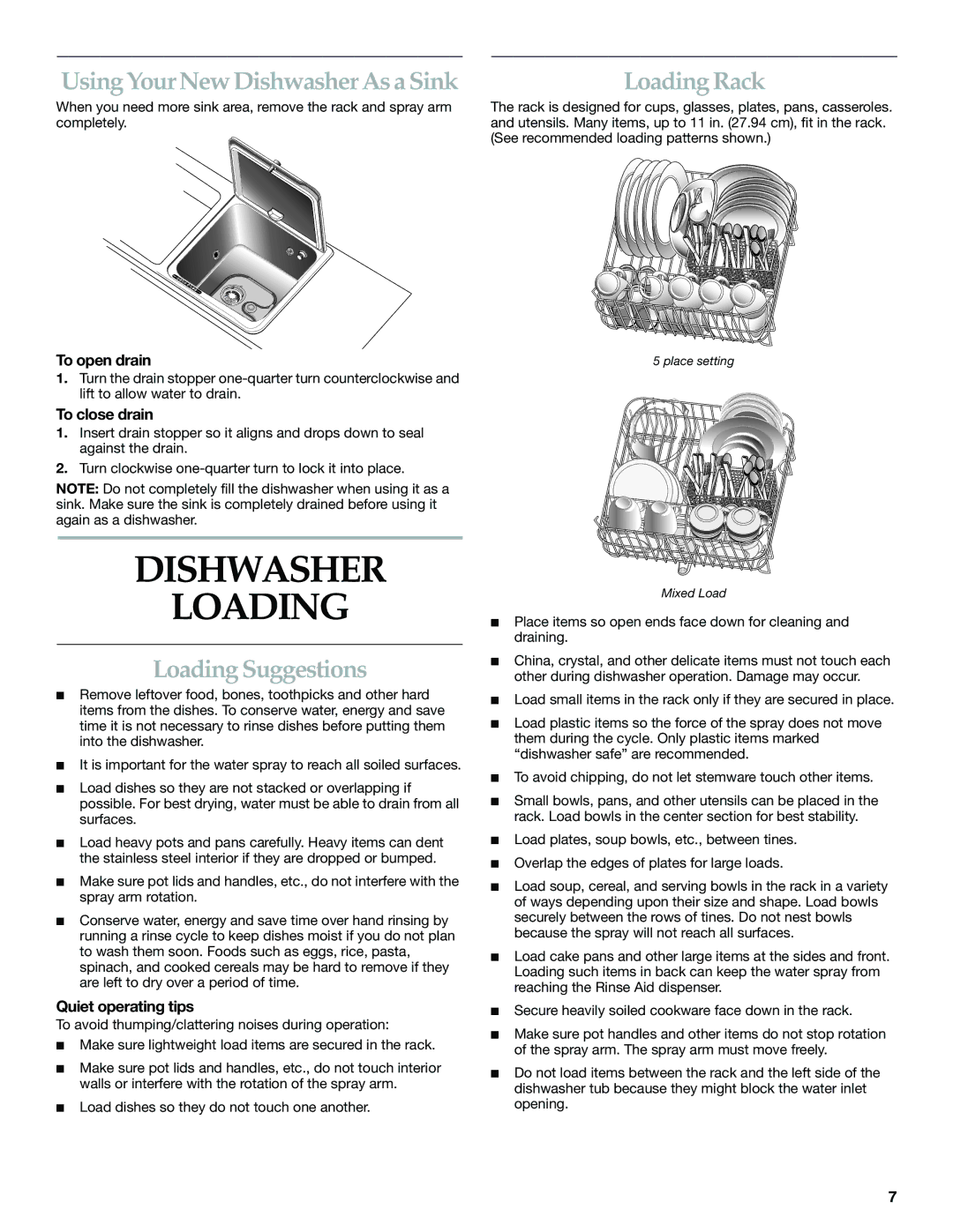 KitchenAid KIDS01EK manual Dishwasher Loading, Using Your New Dishwasher As a Sink, Loading Suggestions, Loading Rack 