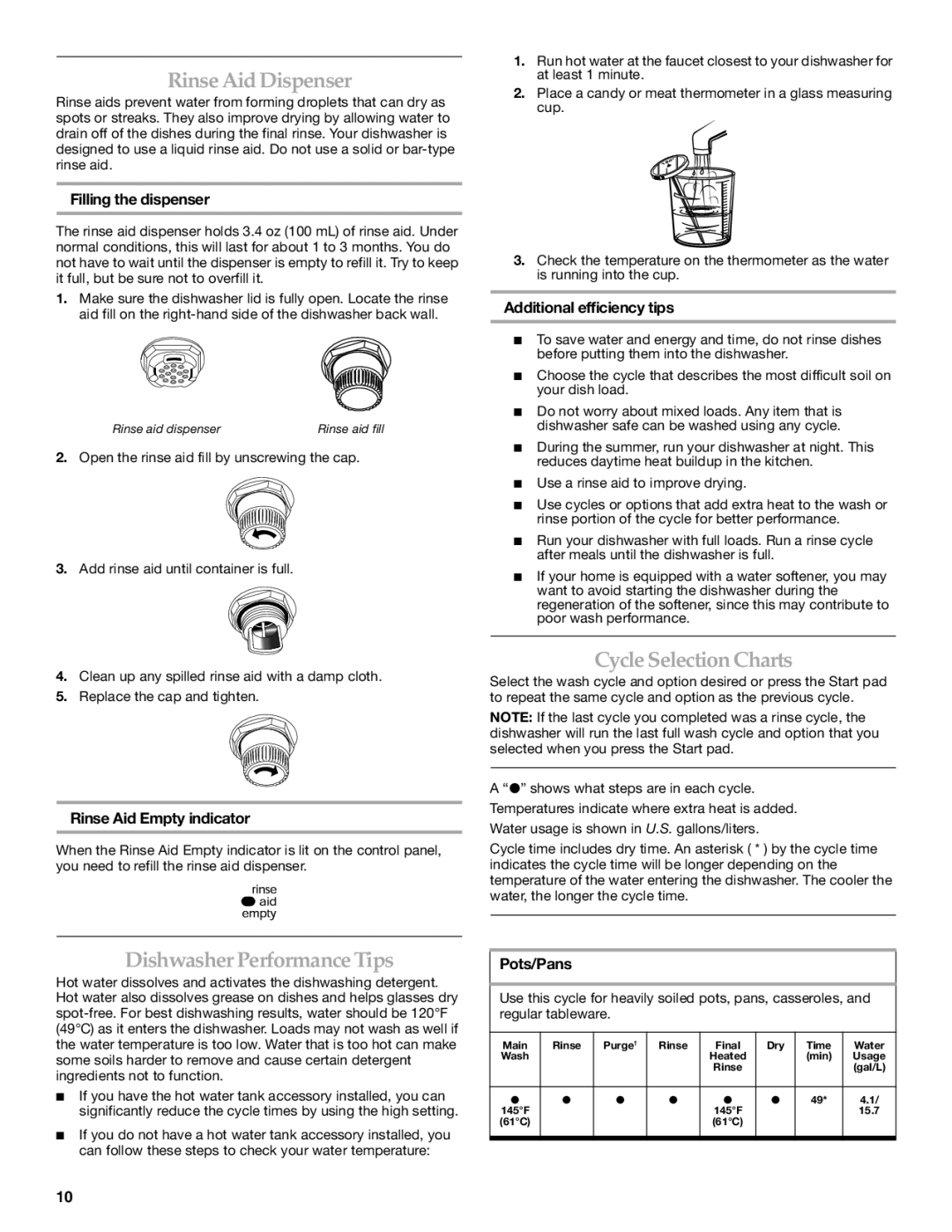 KitchenAid KIDS36EP, BRIVA manual Rinse AidDispenser, Cycle Selection Charts, Dishwasher PerformanceTips 