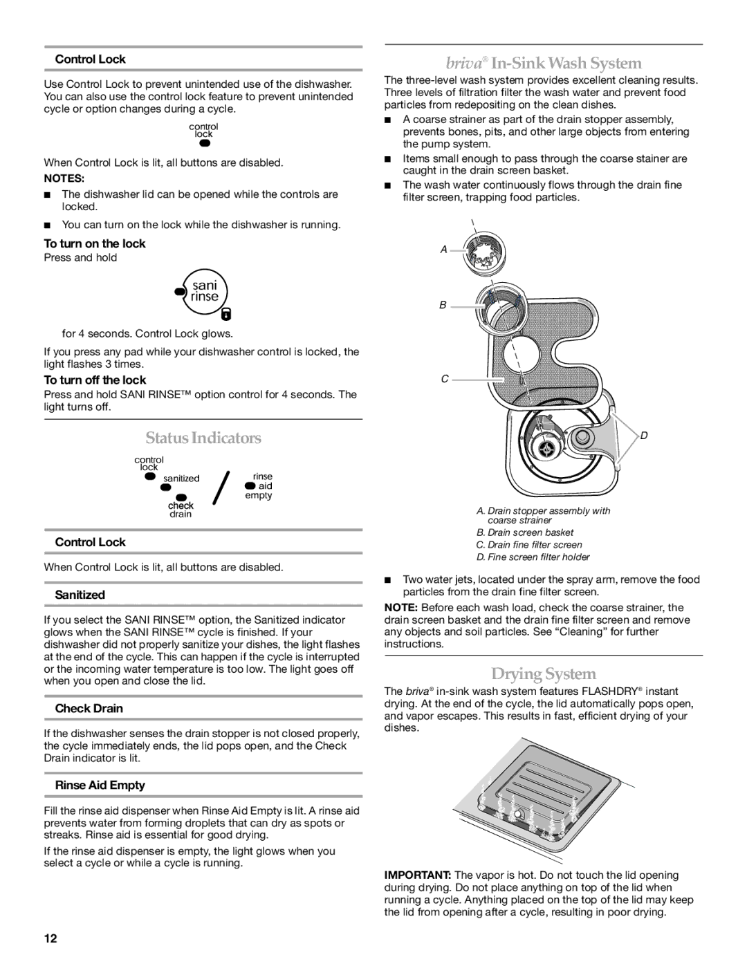 KitchenAid KIDS36EP, BRIVA manual Status Indicators, Briva In-Sink Wash System, Drying System 