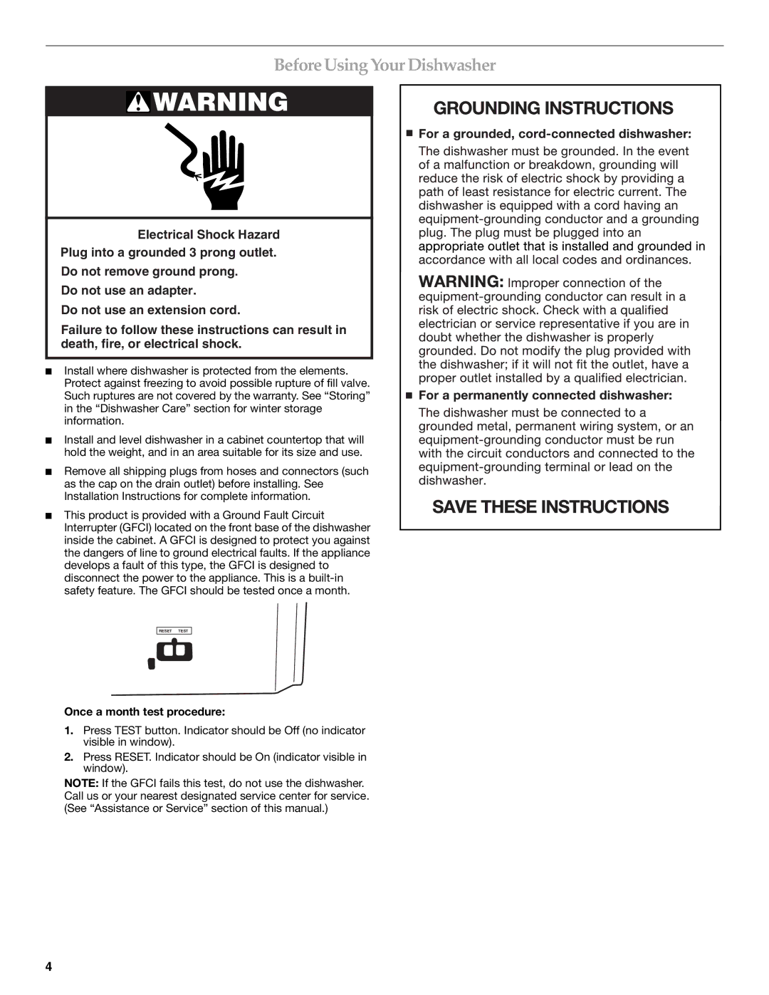 KitchenAid KIDS36EP, BRIVA manual BeforeUsing Your Dishwasher, Once a month test procedure 