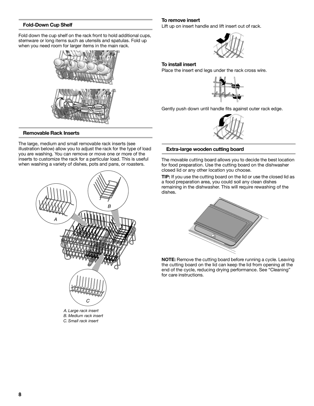 KitchenAid KIDS36EP, BRIVA manual Fold-Down Cup Shelf, To remove insert, To install insert, Removable Rack Inserts 