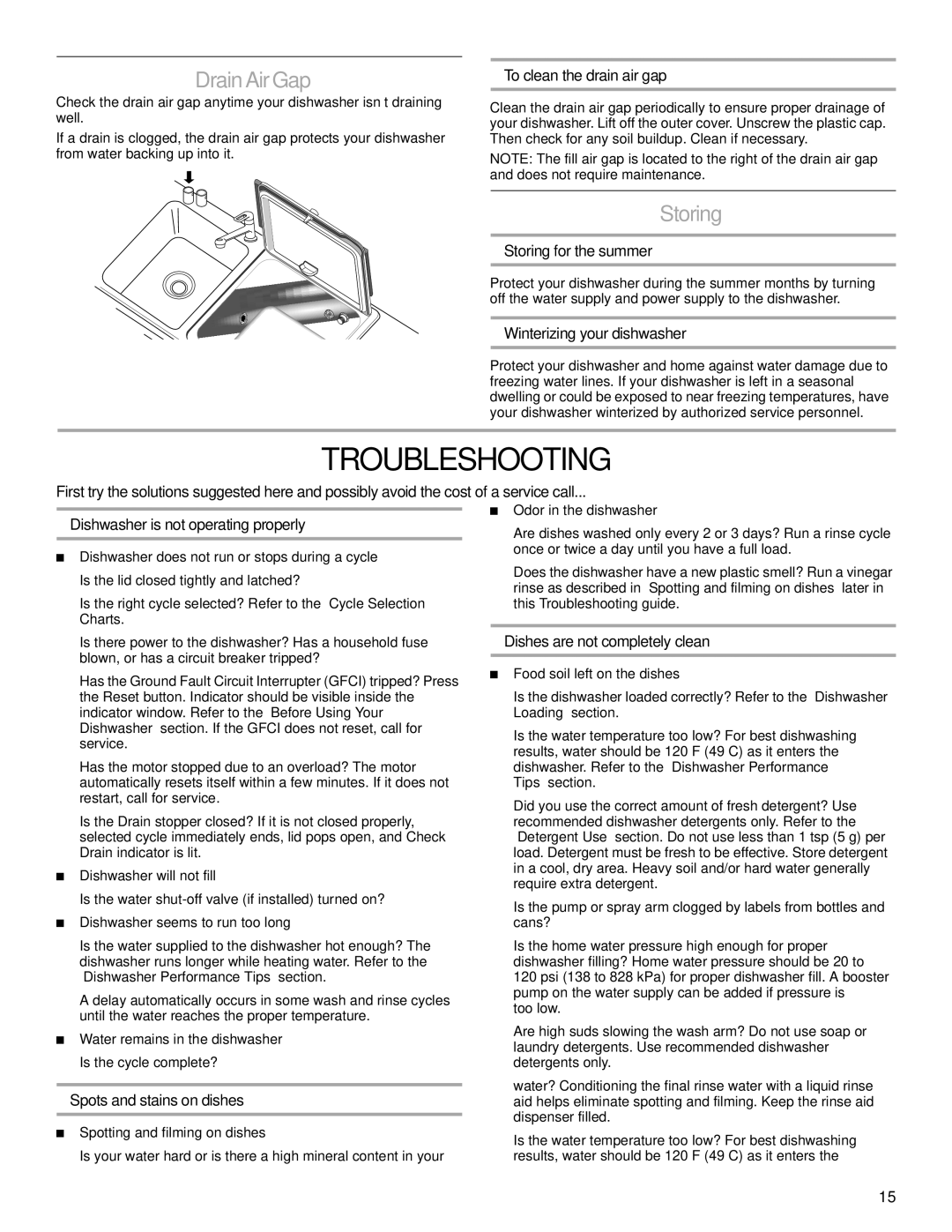 KitchenAid KIDS36EP manual Troubleshooting, Drain AirGap, Storing 