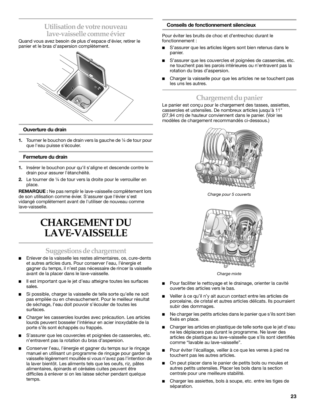 KitchenAid KIDS36EP Chargement DU LAVE-VAISSELLE, Utilisation devotrenouveau lave-vaissellecommeévier, Chargement dupanier 