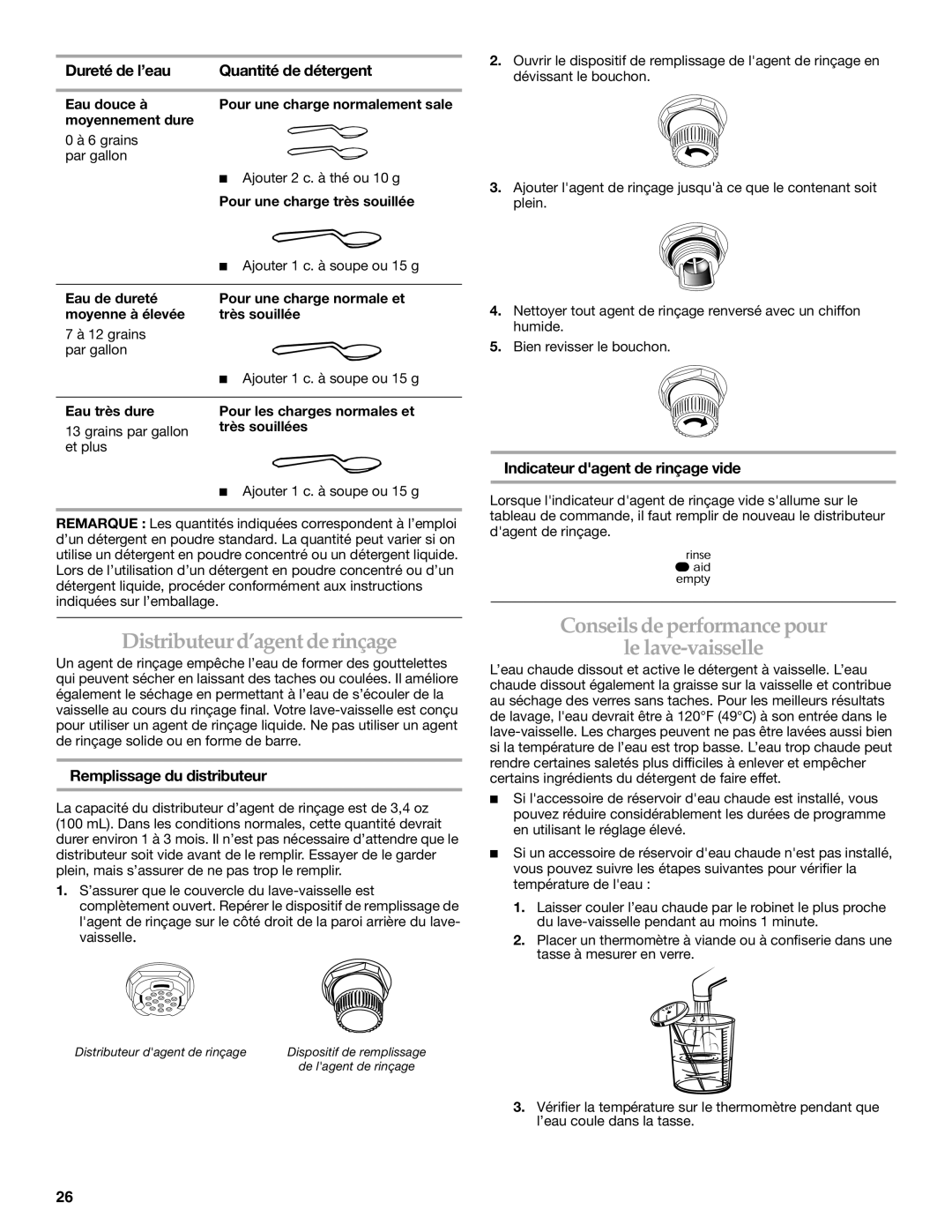 KitchenAid KIDS36EP Distributeurd’agentderinçage, Conseilsdeperformancepour Le lave-vaisselle, Remplissage du distributeur 