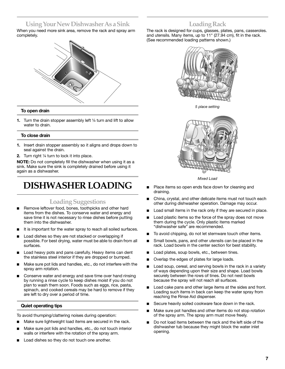 KitchenAid KIDS36EP manual Dishwasher Loading, UsingYourNew DishwasherAs aSink, LoadingRack, Loading Suggestions 