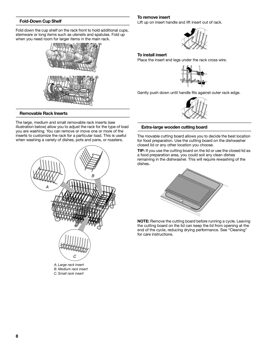 KitchenAid KIDS36EP manual Fold-Down Cup Shelf, To remove insert, To install insert, Removable Rack Inserts 