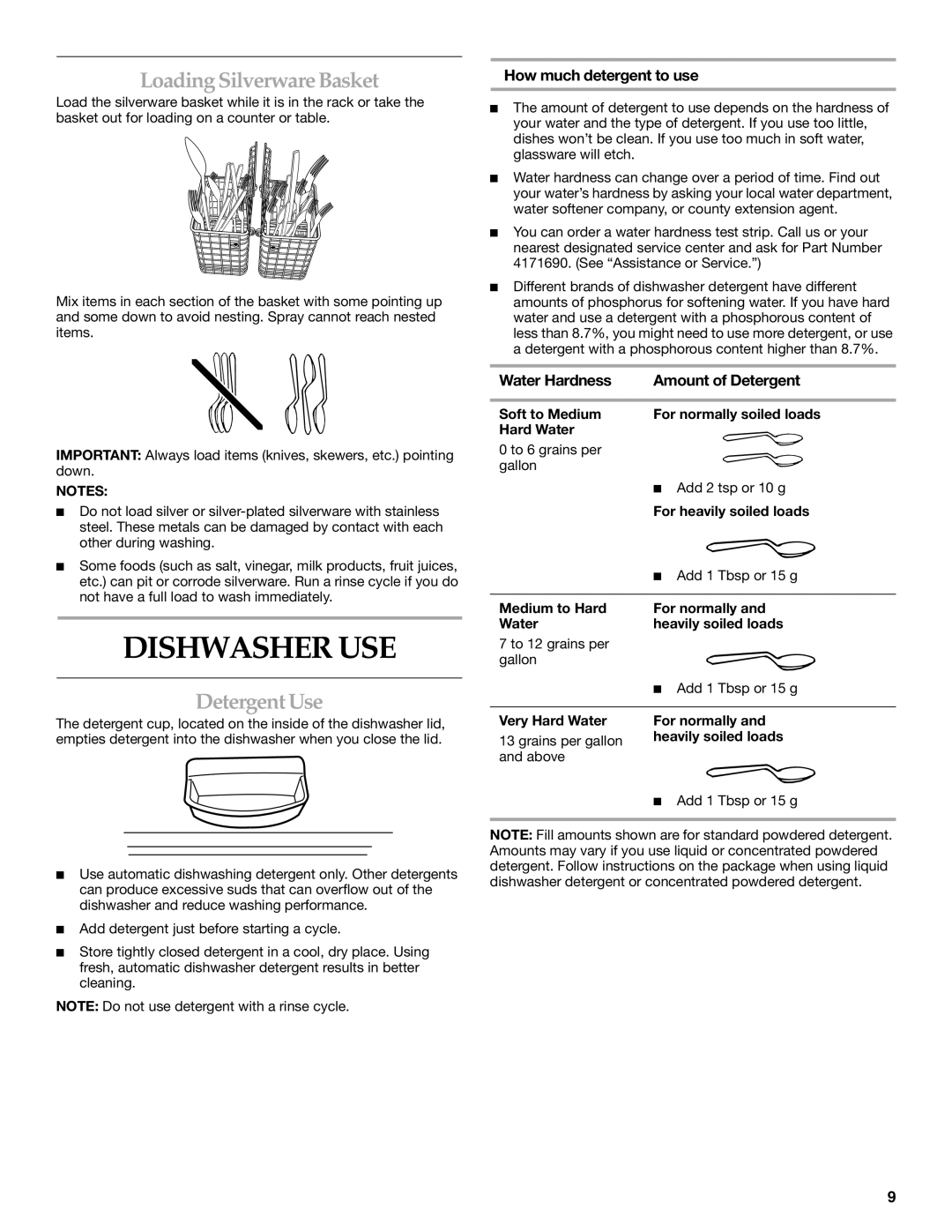 KitchenAid KIDS36EP manual Dishwasher USE, LoadingSilverwareBasket, DetergentUse, How much detergent to use 