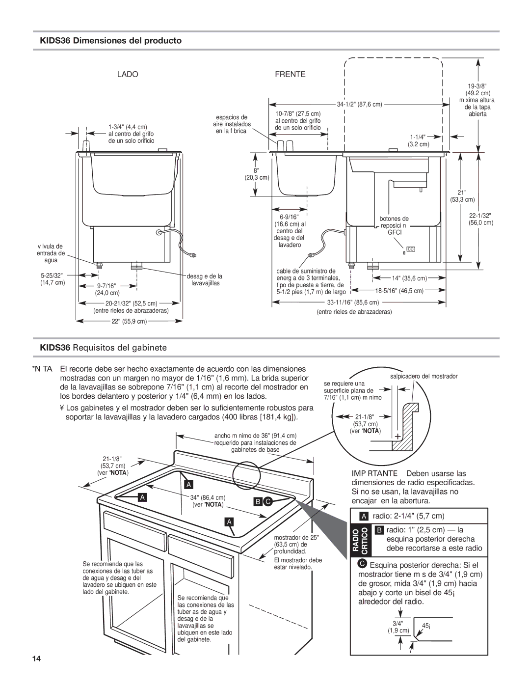 KitchenAid KIDS42 installation instructions KIDS36 Dimensiones del producto, KIDS36 Requisitos del gabinete 