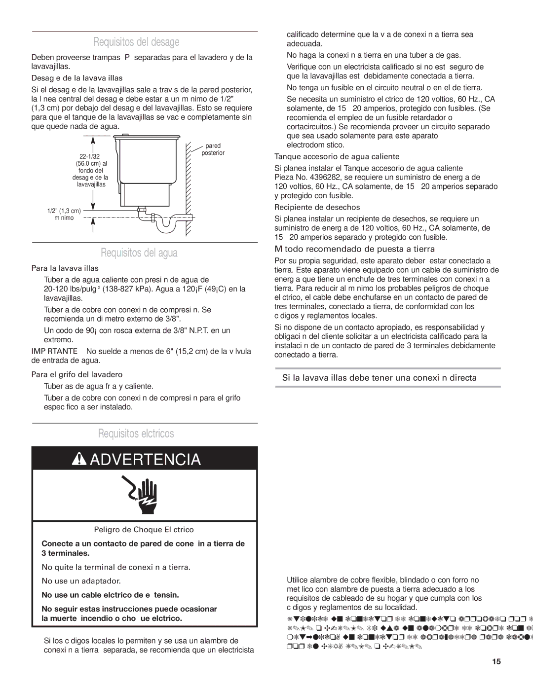 KitchenAid KIDS36, KIDS42 installation instructions Requisitos del desagüe, Requisitos del agua, Requisitos eléctricos 