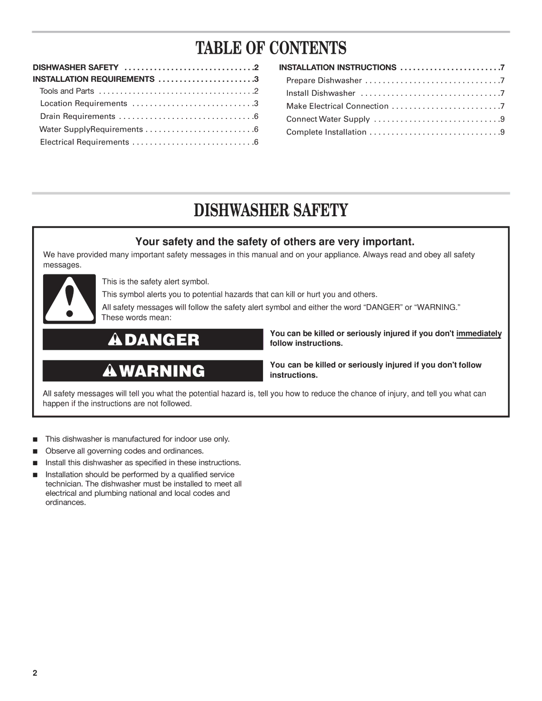 KitchenAid KIDS42, KIDS36 installation instructions Table of Contents, Dishwasher Safety 