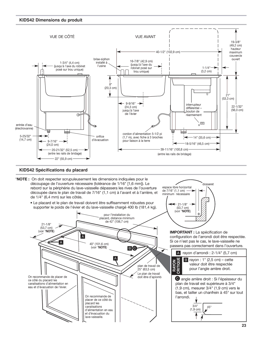 KitchenAid KIDS36 KIDS42 Dimensions du produit, KIDS42 Spécifications du placard, Rayon d’arrondi 2-1/4 5,7 cm 