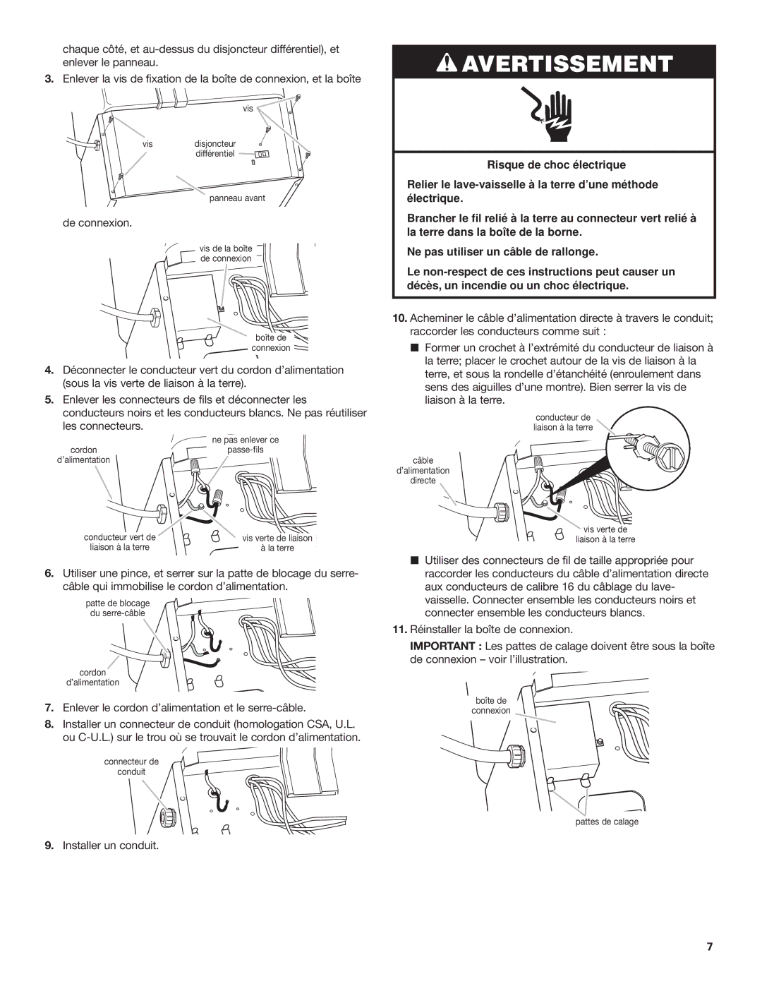 KitchenAid KIDS36 De connexion, Les connecteurs, Enlever le cordon d’alimentation et le serre-câble, Installer un conduit 