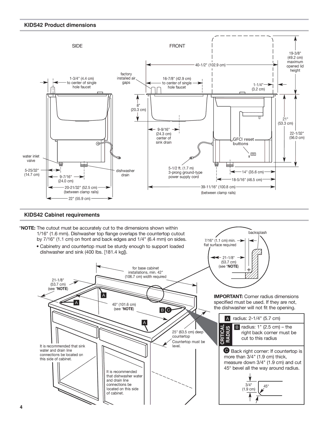 KitchenAid KIDS36 KIDS42 Product dimensions, KIDS42 Cabinet requirements, Important Corner radius dimensions 