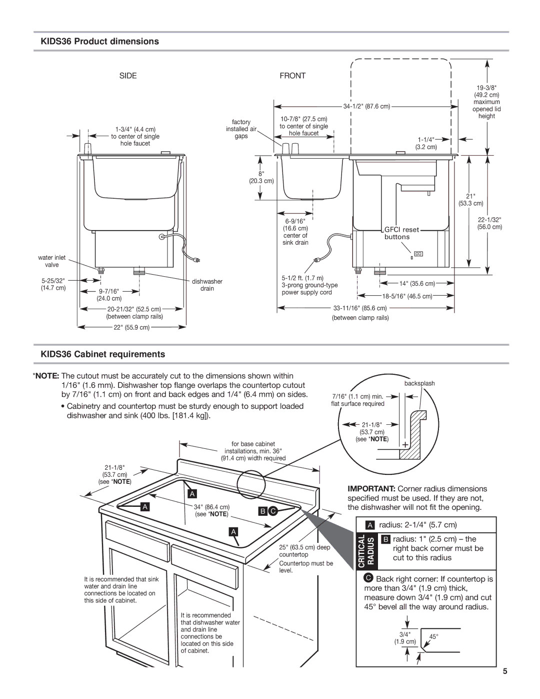 KitchenAid KIDS42 installation instructions KIDS36 Product dimensions, KIDS36 Cabinet requirements 