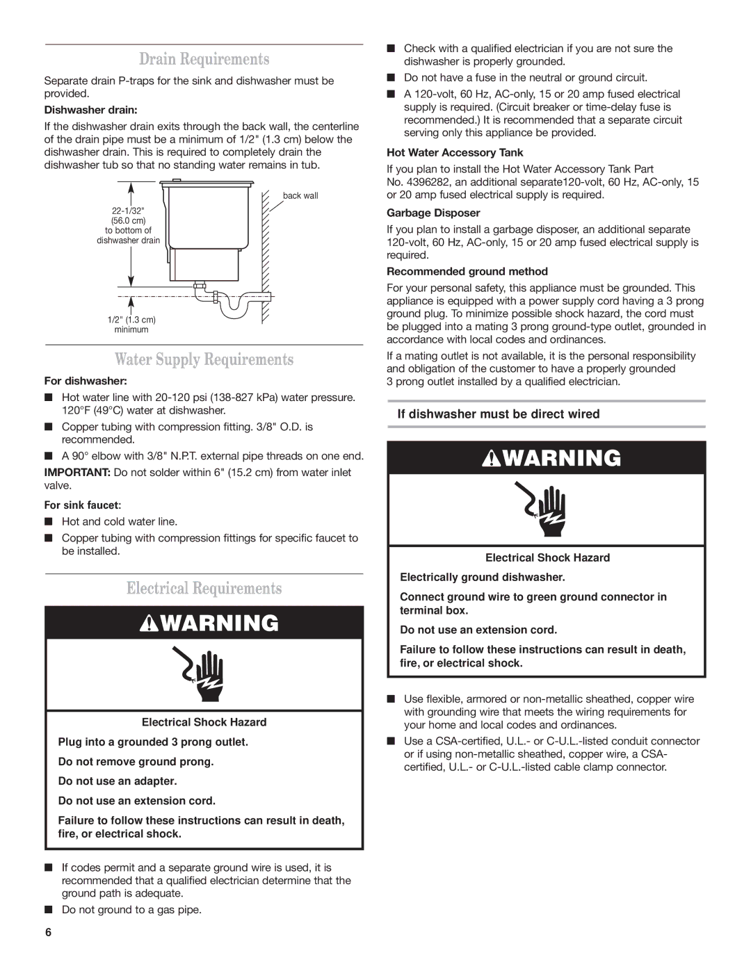 KitchenAid KIDS42, KIDS36 installation instructions Drain Requirements, Water Supply Requirements, Electrical Requirements 