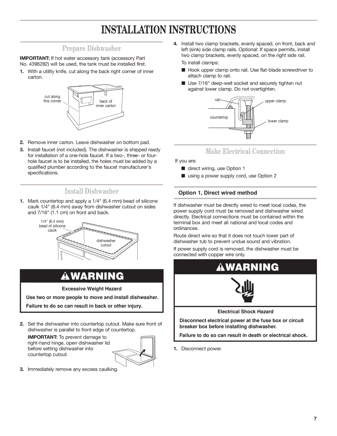 KitchenAid KIDS36, KIDS42 Installation Instructions, Prepare Dishwasher, Make Electrical Connection, Install Dishwasher 