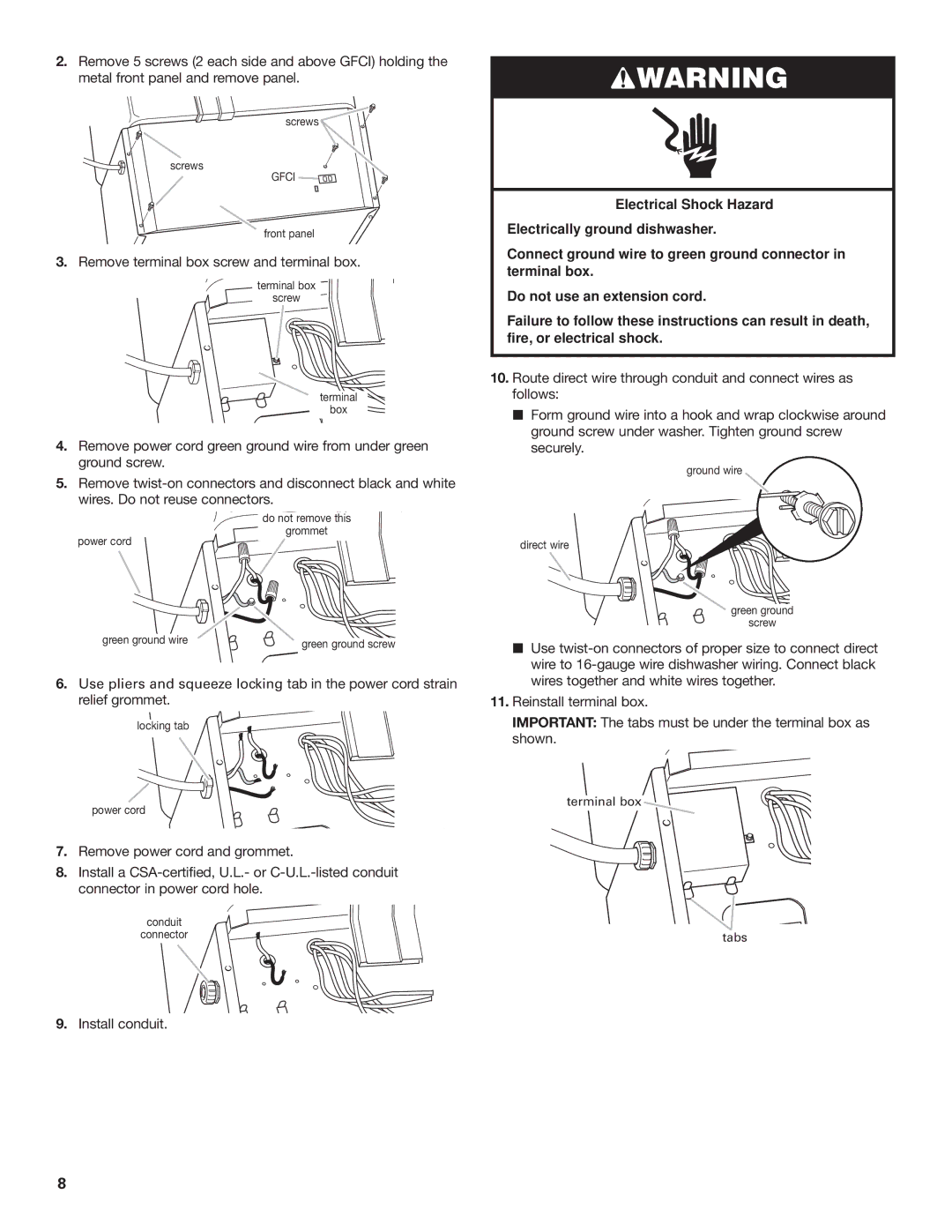 KitchenAid KIDS42, KIDS36 installation instructions Remove terminal box screw and terminal box, Install conduit 