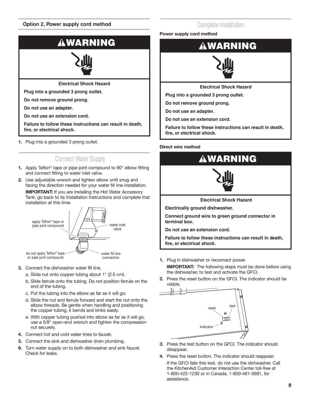 KitchenAid KIDS36, KIDS42 Complete Installation, Connect Water Supply, Option 2, Power supply cord method, Check for leaks 