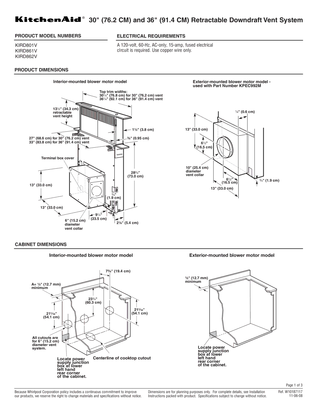 KitchenAid KIRD862V dimensions Product Model Numbers, Electrical Requirements, Product Dimensions, Cabinet Dimensions 