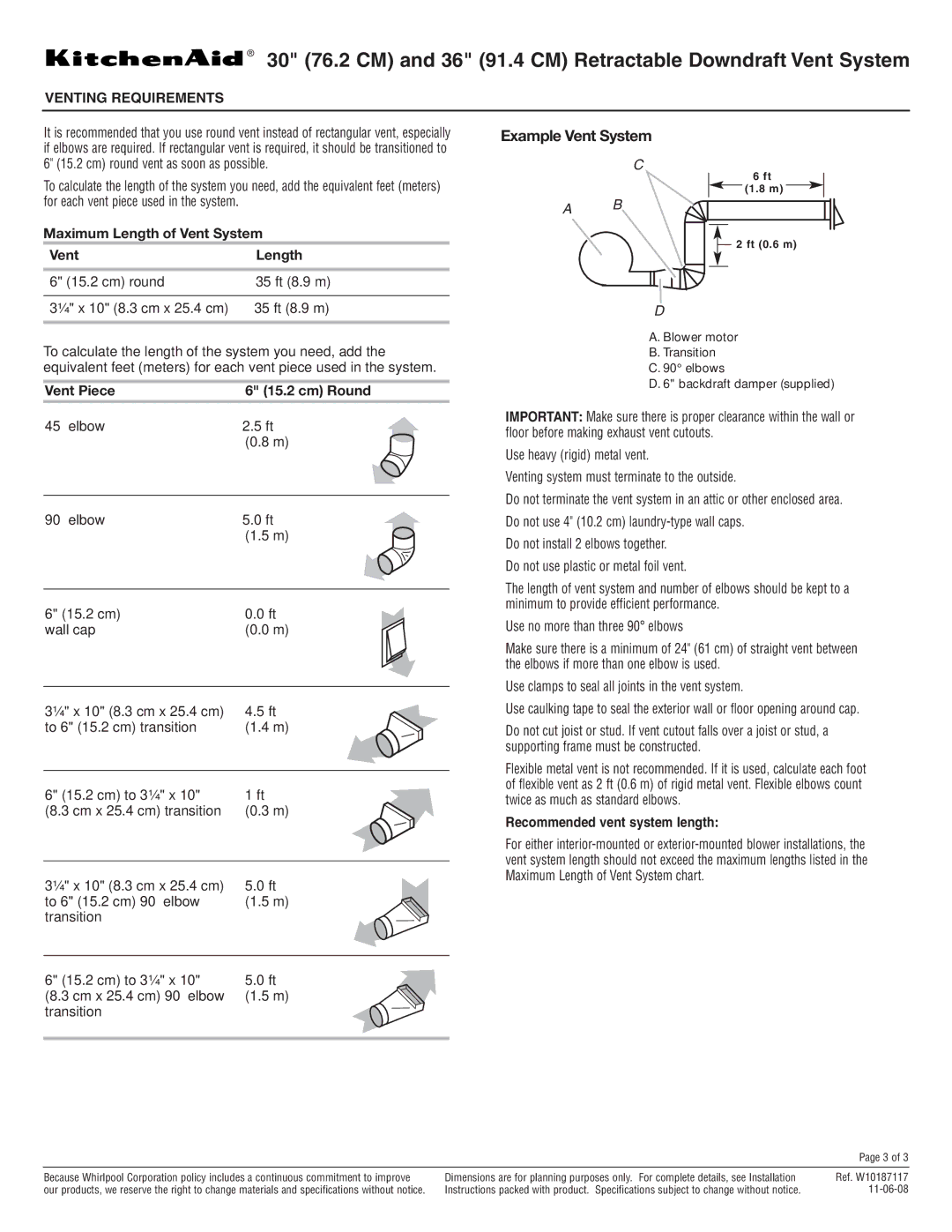 KitchenAid KIRD801V Maximum Length of Vent System, Cm round 35 ft 8.9 m ¹⁄₄ x 10 8.3 cm x 25.4 cm, Vent Piece Cm Round 