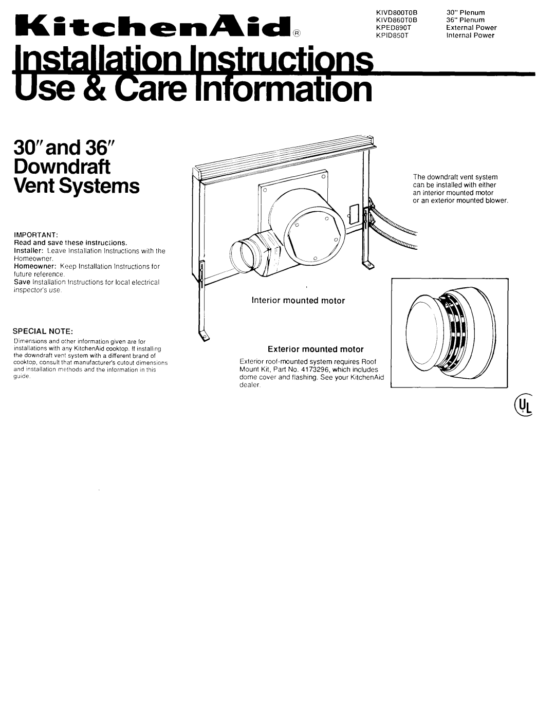 KitchenAid KIVD860TOB installation instructions Interior mounted motor Exterior mounted motor, Kivdeiootob, KPED890T 