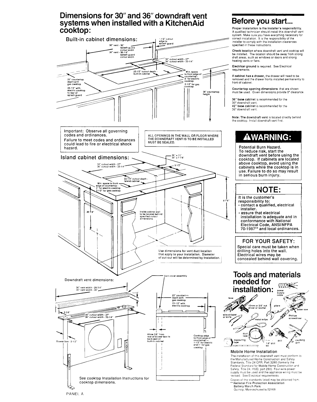 KitchenAid KPID850T, KIVDEIOOTOB, KIVD860TOB Before you start, Tools and materials, Built-in cabinet dimensions y1*sn,YI 