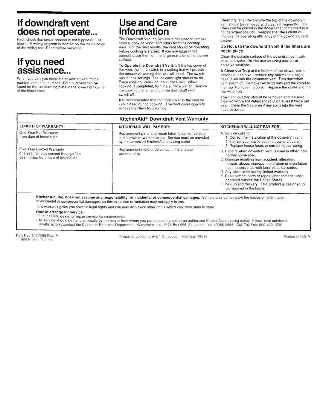 KitchenAid KIVDEIOOTOB, KIVD860TOB, KPID850T, KPED890T installation instructions KitchenAid@ Downdraft Vent Warranty, 11.c 