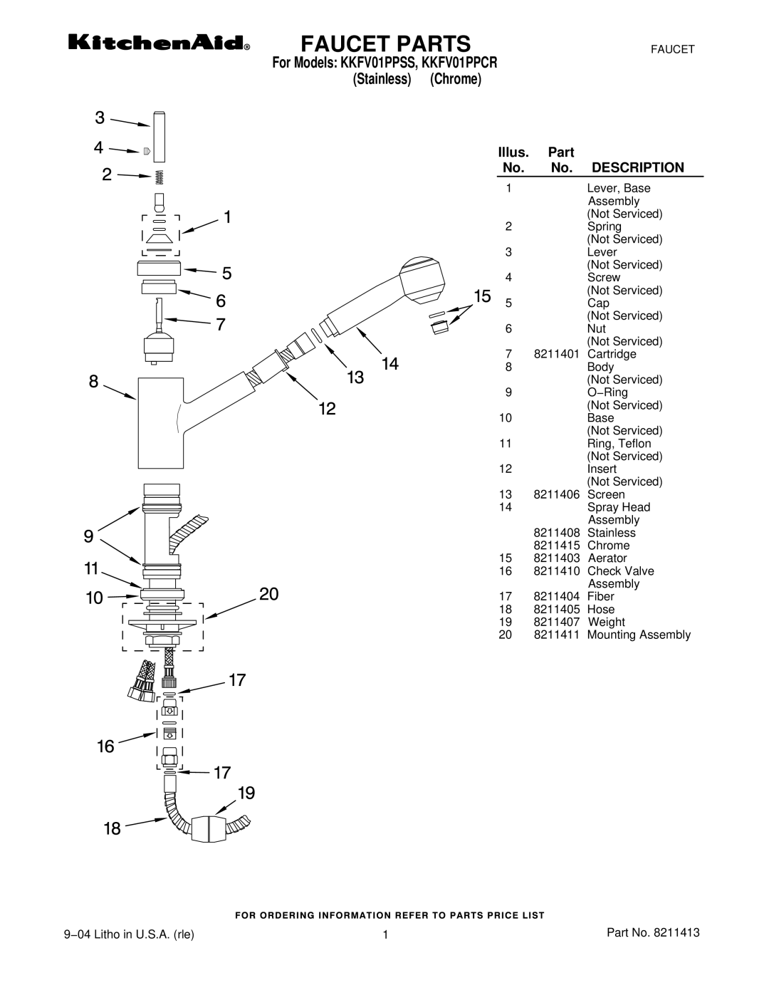 KitchenAid KKFV01PPCR, KKFV01PPSS manual Faucet Parts, Description 