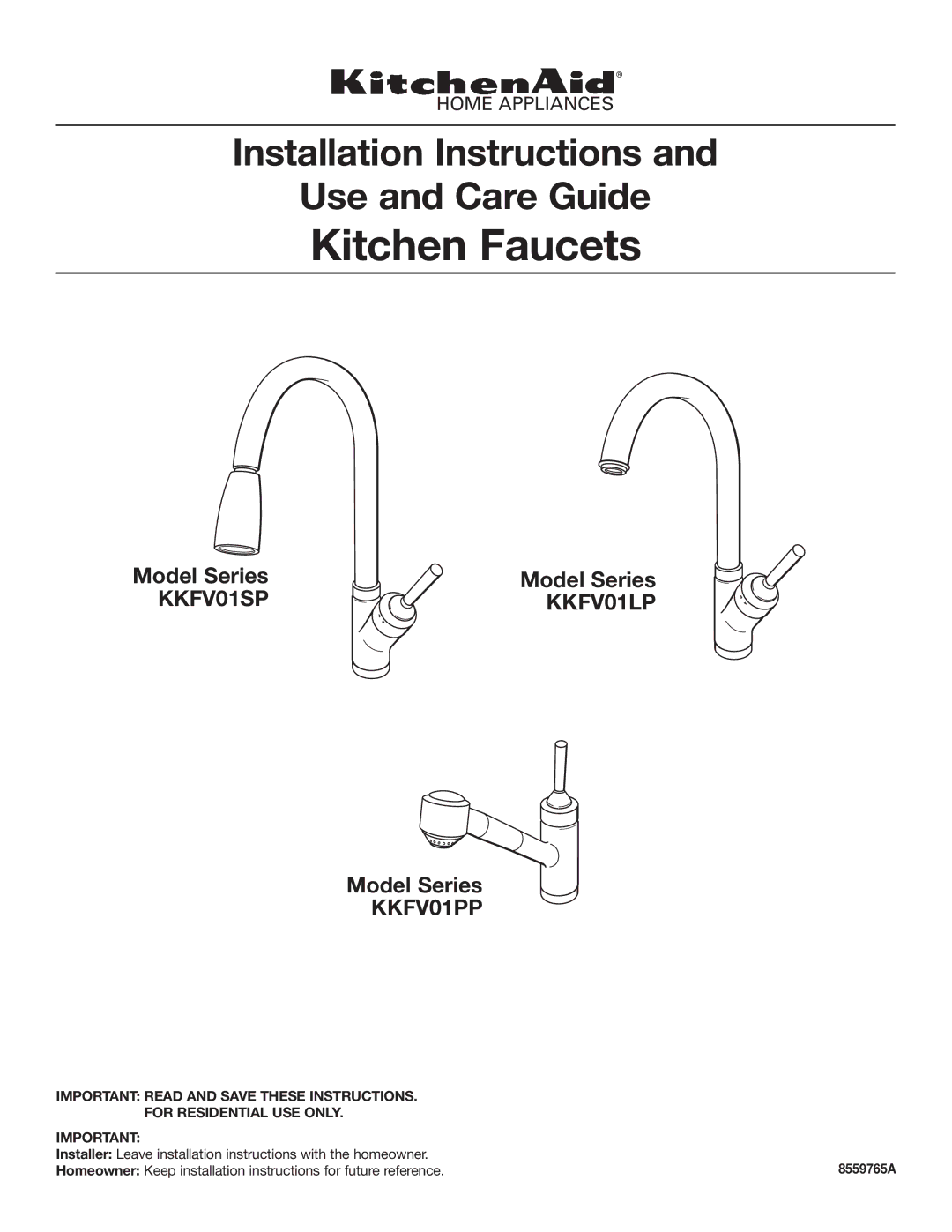 KitchenAid KKFV01PP, KKFV01SP, KKFV01LP installation instructions Kitchen Faucets 