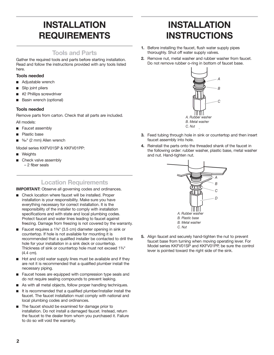 KitchenAid KKFV01LP, KKFV01SP, KKFV01PP installation instructions Installation Requirements, Installation Instructions 