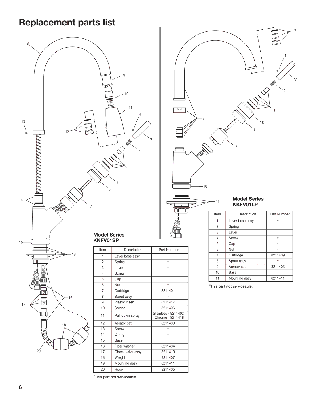 KitchenAid KKFV01SP, KKFV01PP, KKFV01LP installation instructions Replacement parts list 