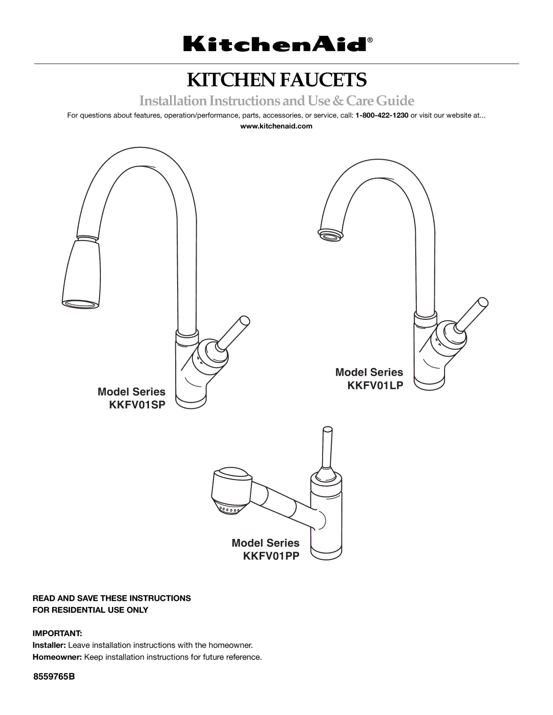 KitchenAid KKFV01LP Series, KKFV01SP Series, KKFV01PP Series installation instructions Kitchen Faucets 