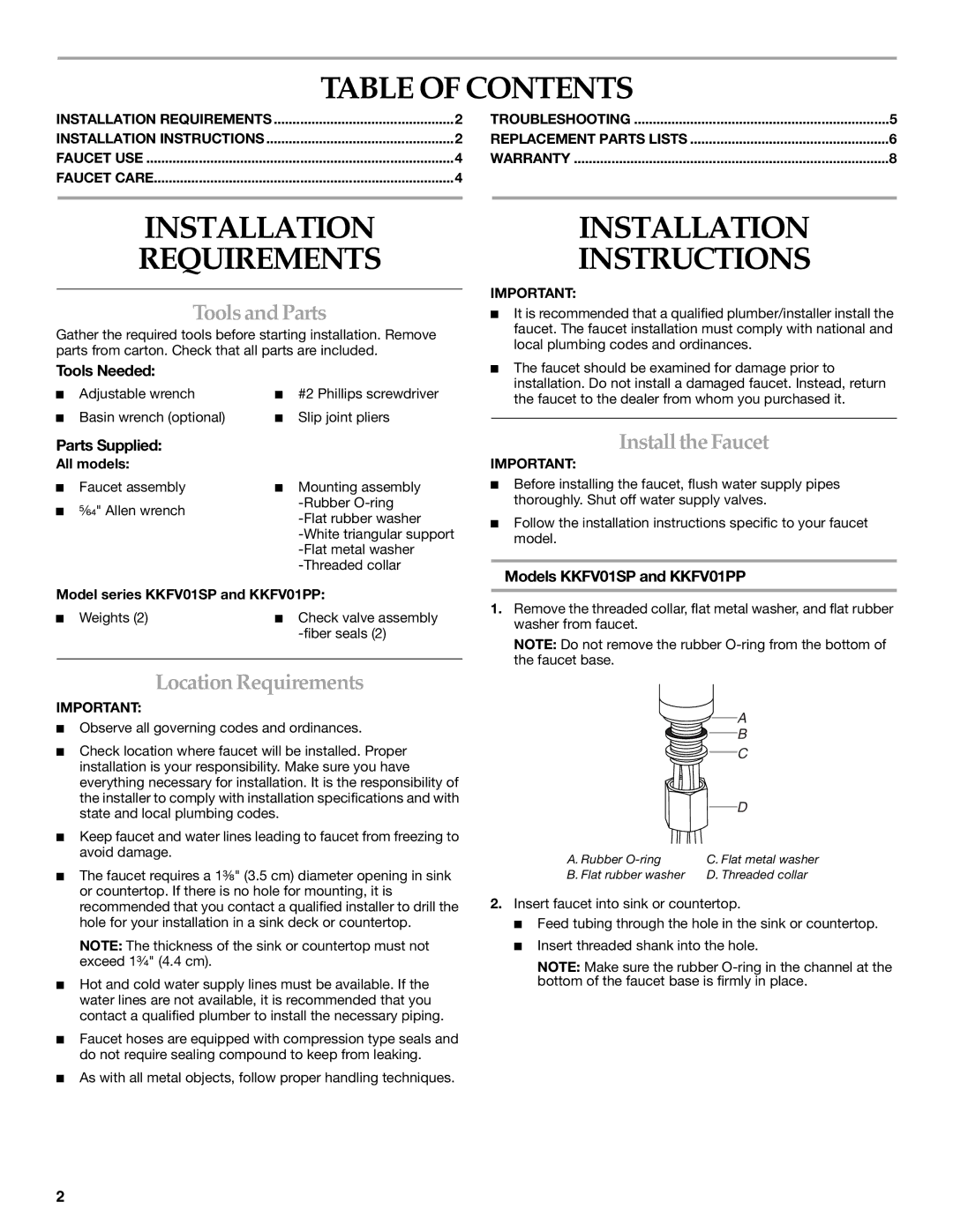 KitchenAid KKFV01PP Series, KKFV01SP Series Table of Contents, Installation Requirements, Installation Instructions 