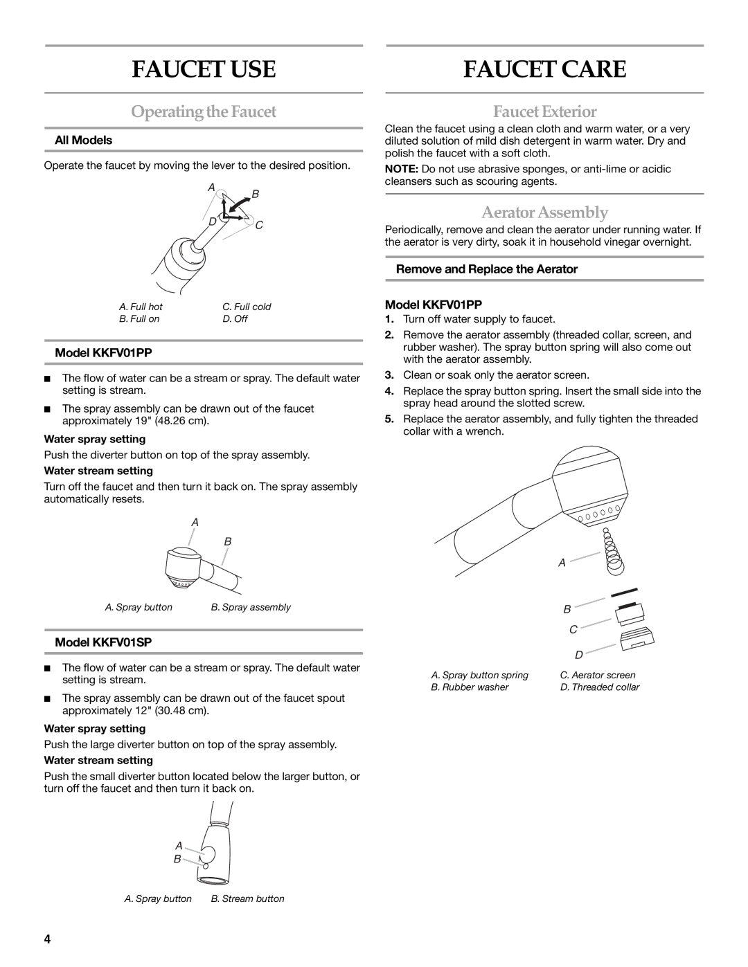 KitchenAid KKFV01LP Series, KKFV01SP Series Faucet USE, Faucet Care, OperatingtheFaucet, FaucetExterior, AeratorAssembly 