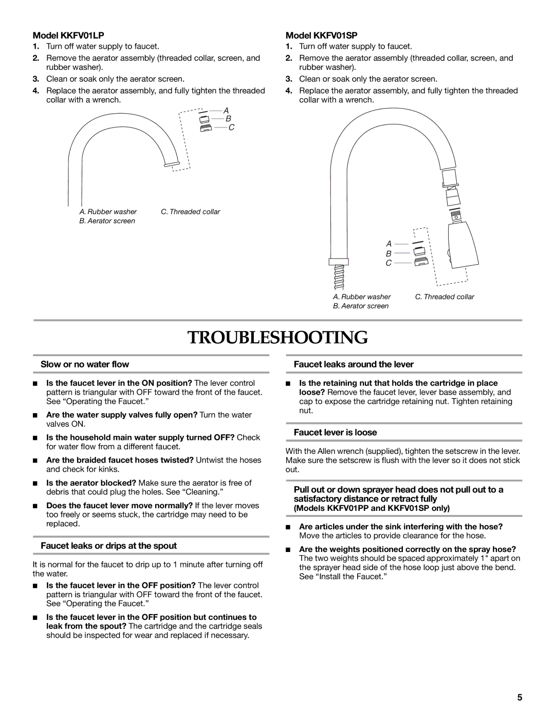 KitchenAid KKFV01PP Series, KKFV01SP Series Troubleshooting, Slow or no water flow, Faucet leaks or drips at the spout 