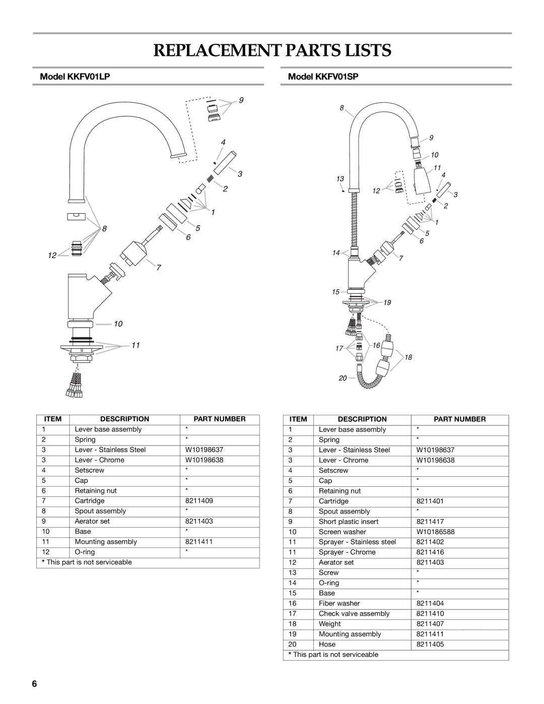 KitchenAid KKFV01SP Series, KKFV01LP Series, KKFV01PP Series Replacement Parts Lists, Description Part Number 