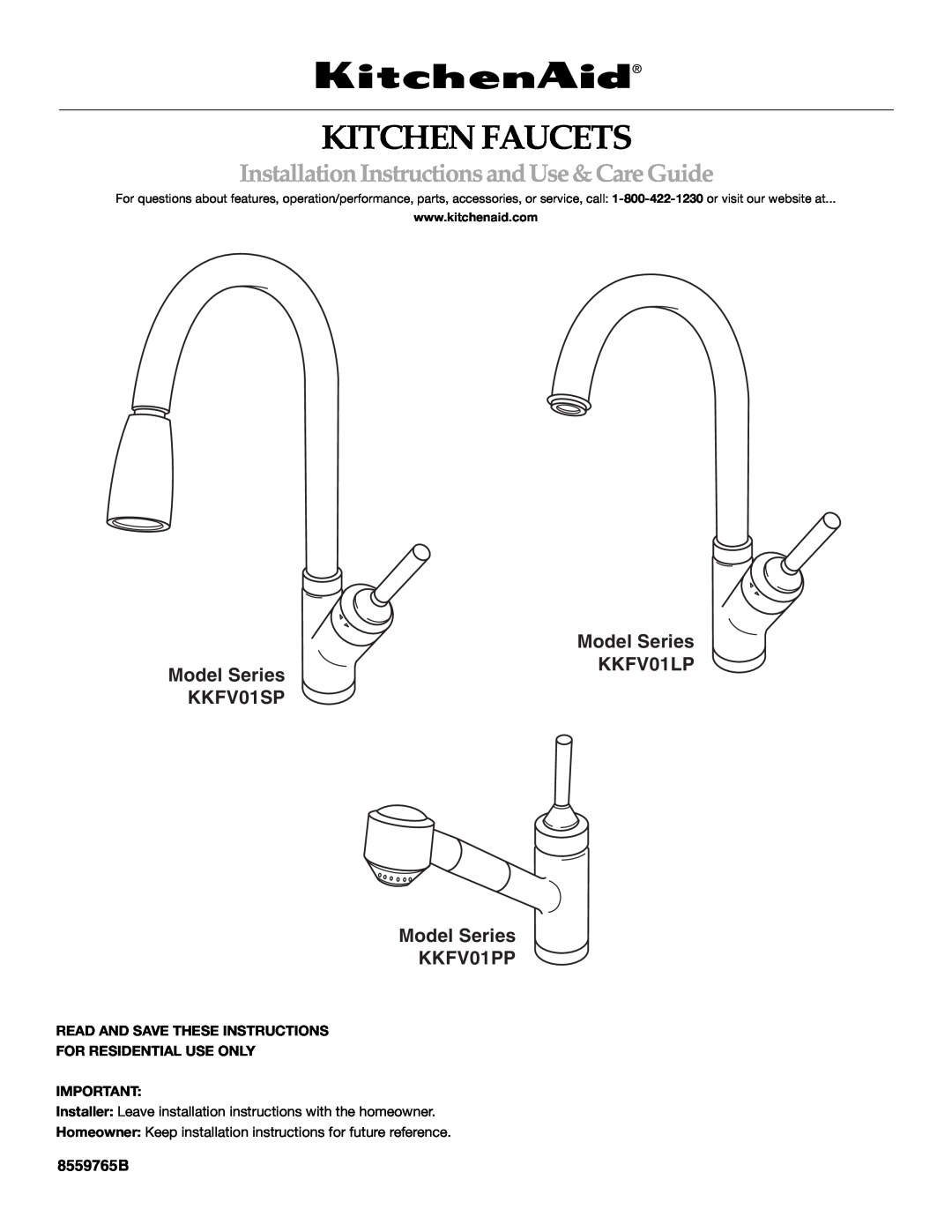 KitchenAid KKFV01LP Series installation instructions 8559765B, Kitchen Faucets, InstallationInstructionsandUse&CareGuide 