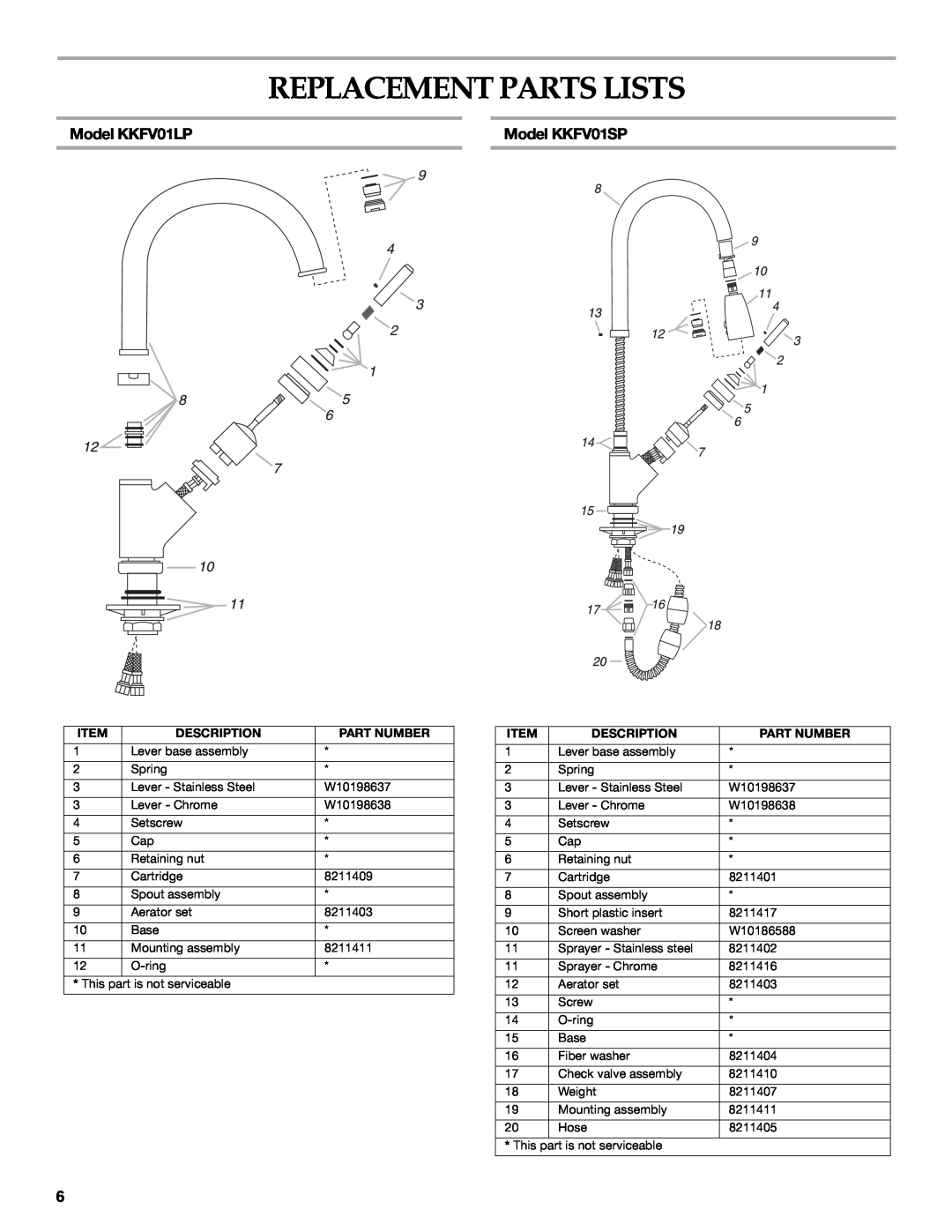 KitchenAid KKFV01SP Series Replacement Parts Lists, Model KKFV01LP, Model KKFV01SP, 6 12 7 10, Description, Part Number 
