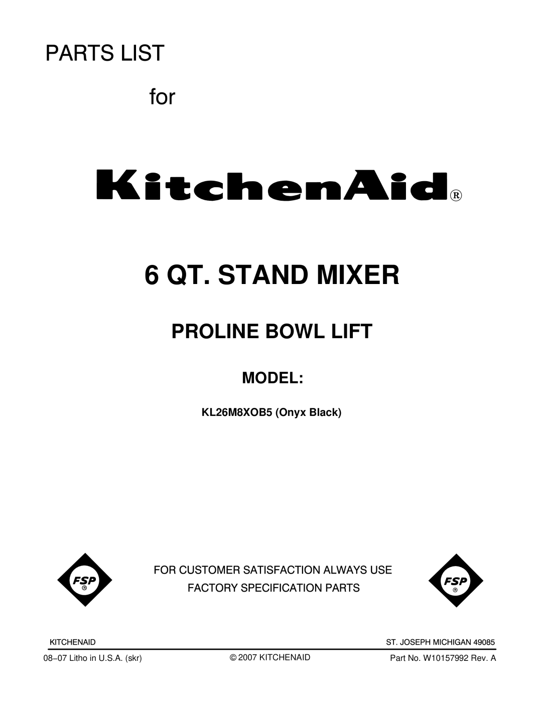 KitchenAid KL26M8XOB5 manual QT. Stand Mixer 