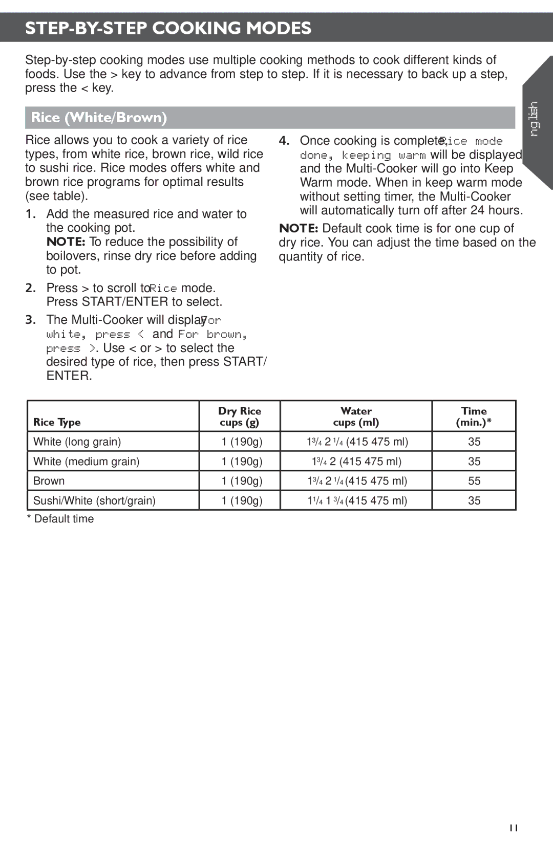 KitchenAid KMC4241 manual STEP-BY-STEP Cooking Modes, Rice White/Brown 