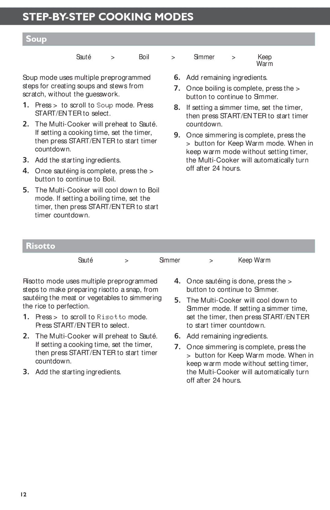 KitchenAid KMC4241 manual Soup, Risotto, Sauté Boil Simmer, Add remaining ingredients, Sauté Simmer 