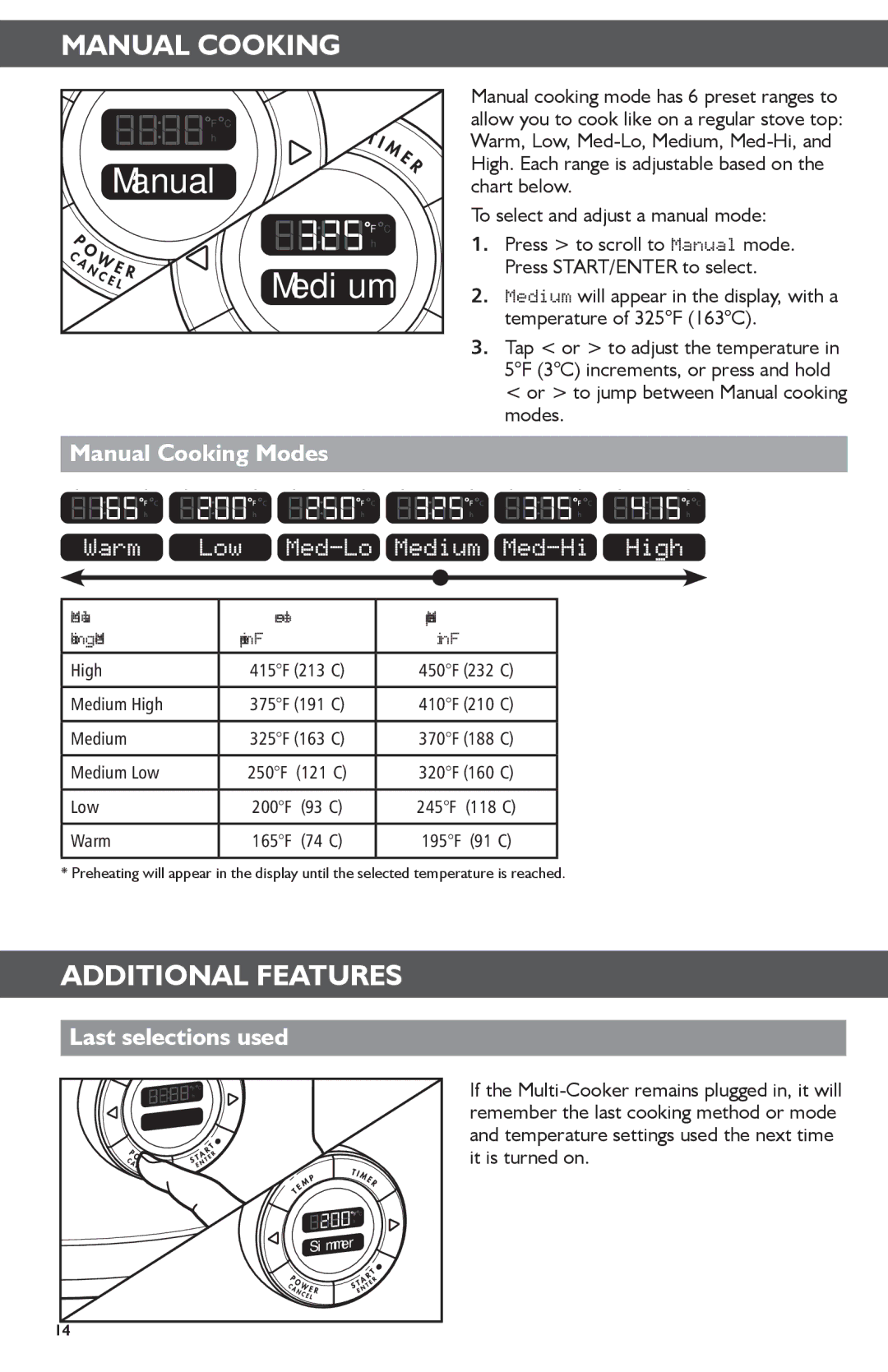 KitchenAid KMC4241 manual Additional Features, Manual Cooking Modes, Last selections used 