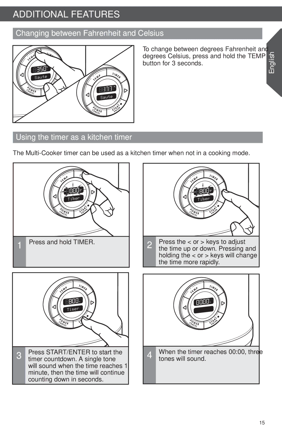 KitchenAid KMC4241 manual Changing between Fahrenheit and Celsius, Using the timer as a kitchen timer 