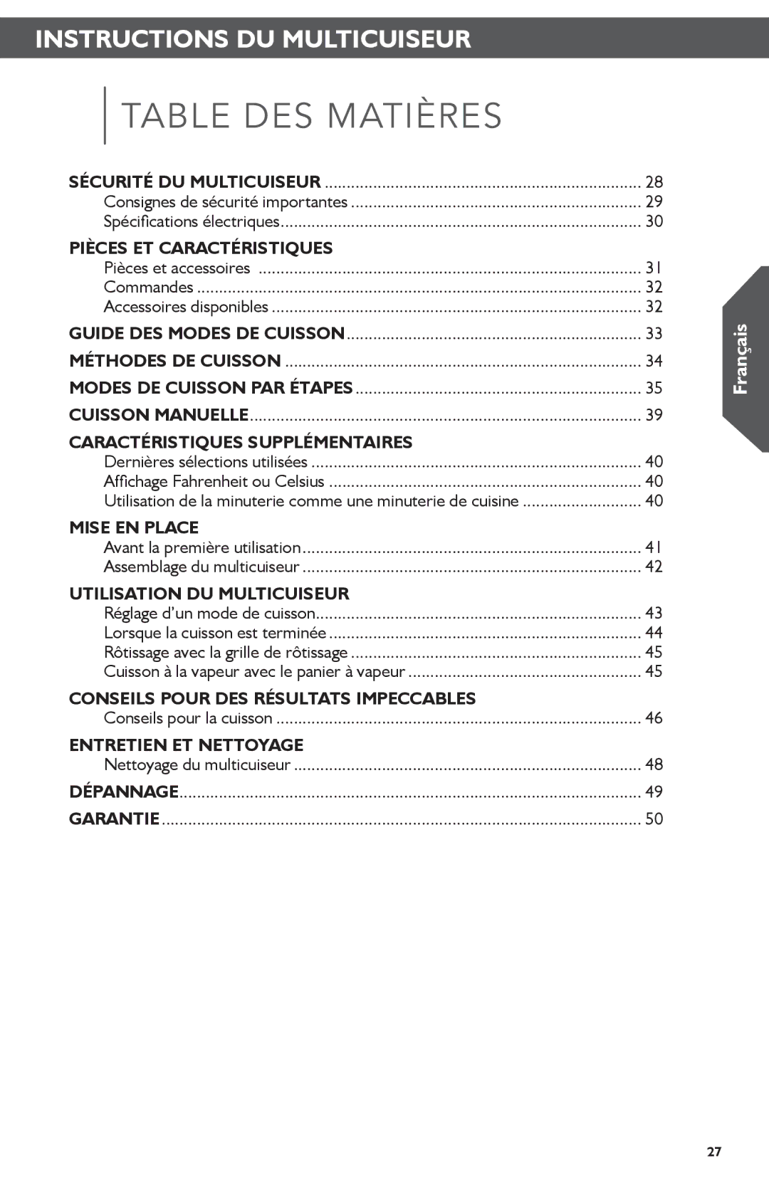 KitchenAid KMC4241 manual Instructions DU Multicuiseur, Pièces et accessoires Commandes Accessoires disponibles 