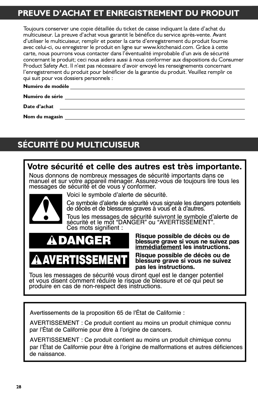 KitchenAid KMC4241 manual Preuve D’ACHAT ET Enregistrement DU Produit, Sécurité DU Multicuiseur 