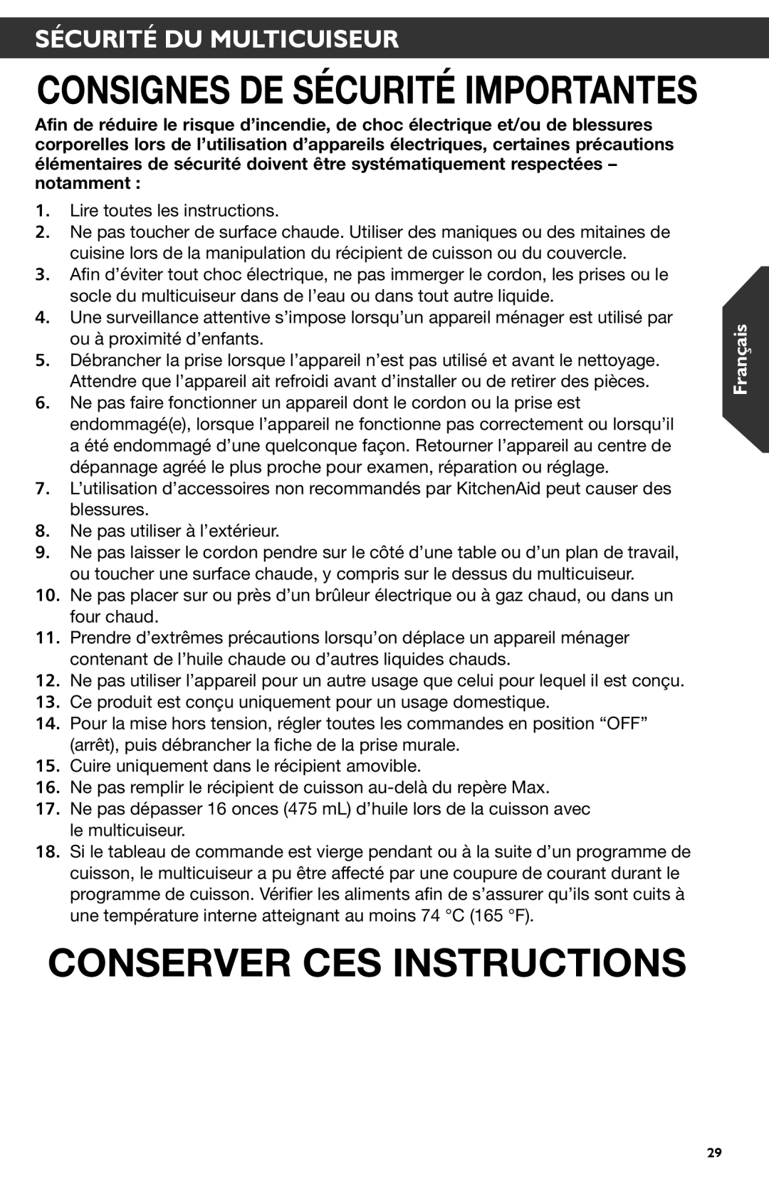 KitchenAid KMC4241 manual Conserver CES Instructions 