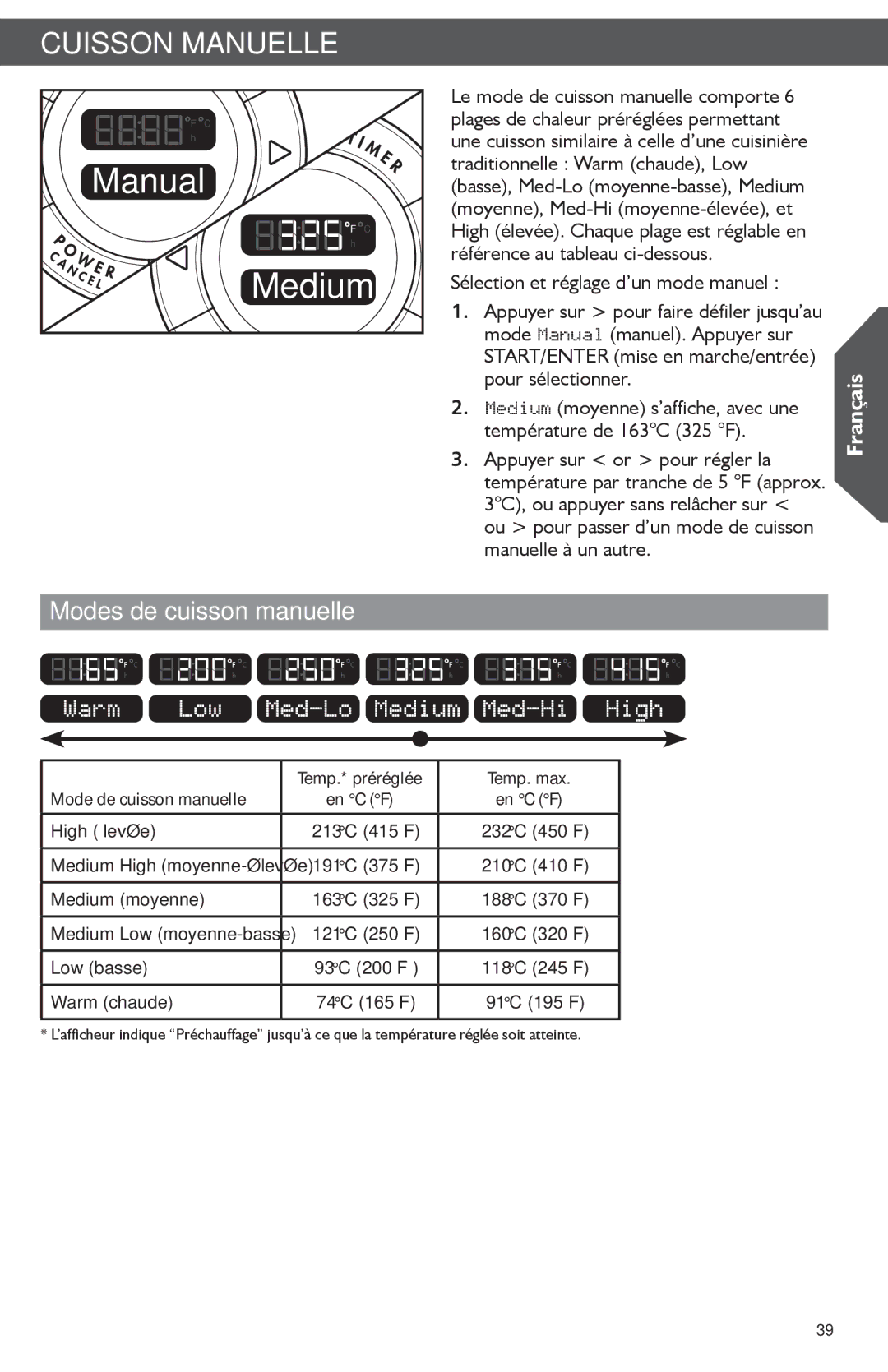 KitchenAid KMC4241 manual Cuisson Manuelle, Modes de cuisson manuelle 