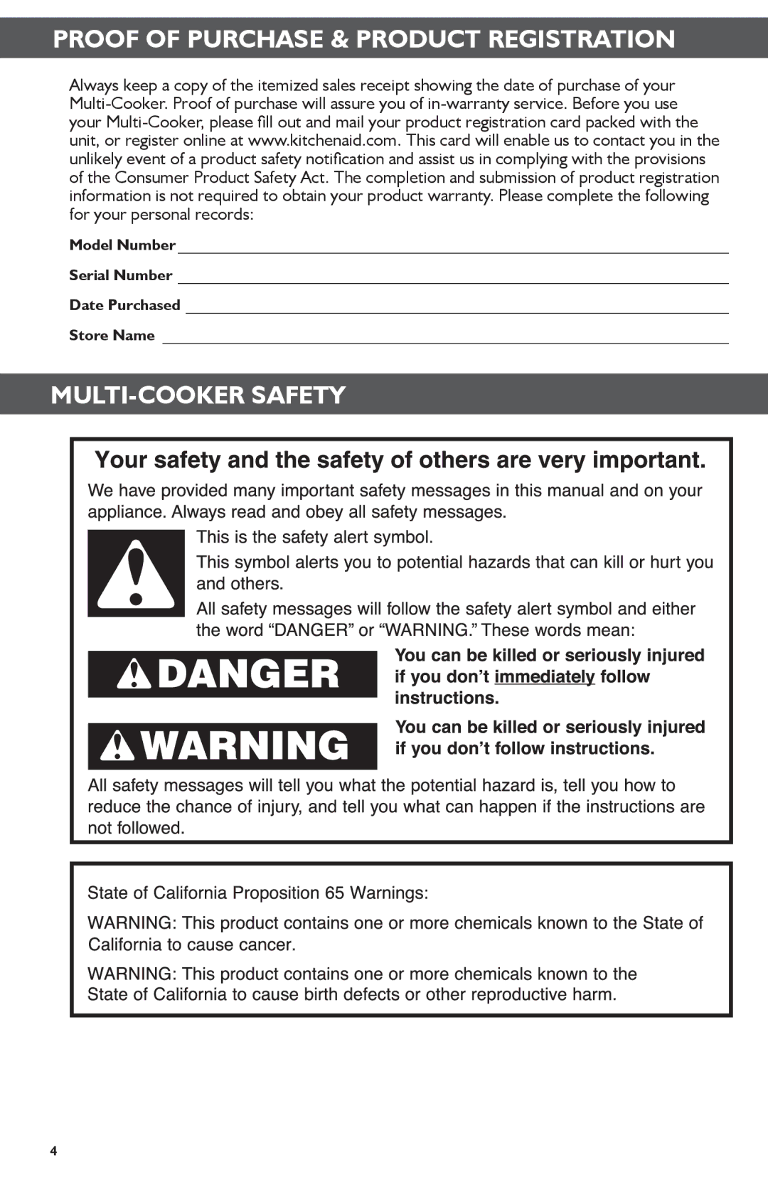 KitchenAid KMC4241 manual Proof of Purchase & Product Registration, MULTI-COOKER Safety 