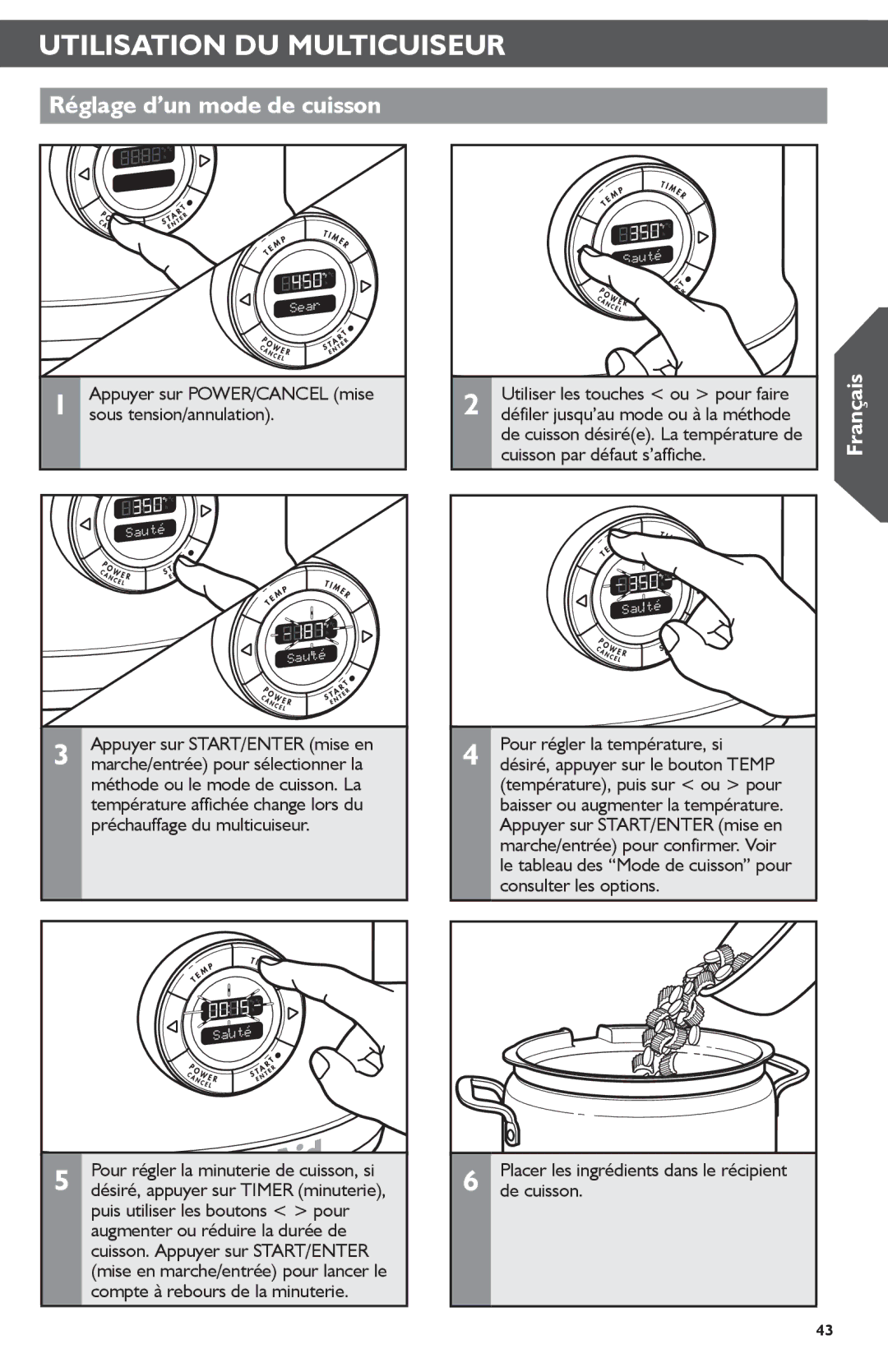 KitchenAid KMC4241 manual Utilisation DU Multicuiseur, Réglage d’un mode de cuisson 