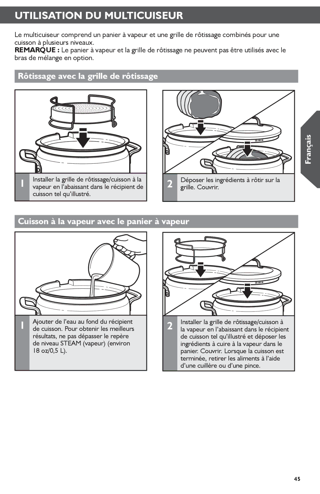 KitchenAid KMC4241 manual Rôtissage avec la grille de rôtissage, Cuisson à la vapeur avec le panier à vapeur 